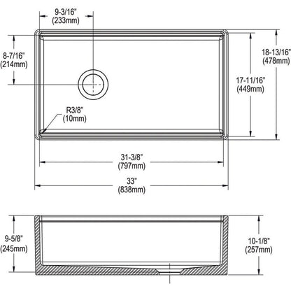 Single Bowl Kitchen Sink, Apron Mount, 33 x 18-13/16 in, 9-5/8 in Bowl Depth, Fireclay, White