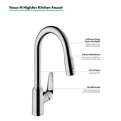 Focus N 1.75 GPM Pull-Down Kitchen Faucet HighArc Spout with Magnetic Docking & Toggle Spray Diverter - Limited Lifetime Warranty