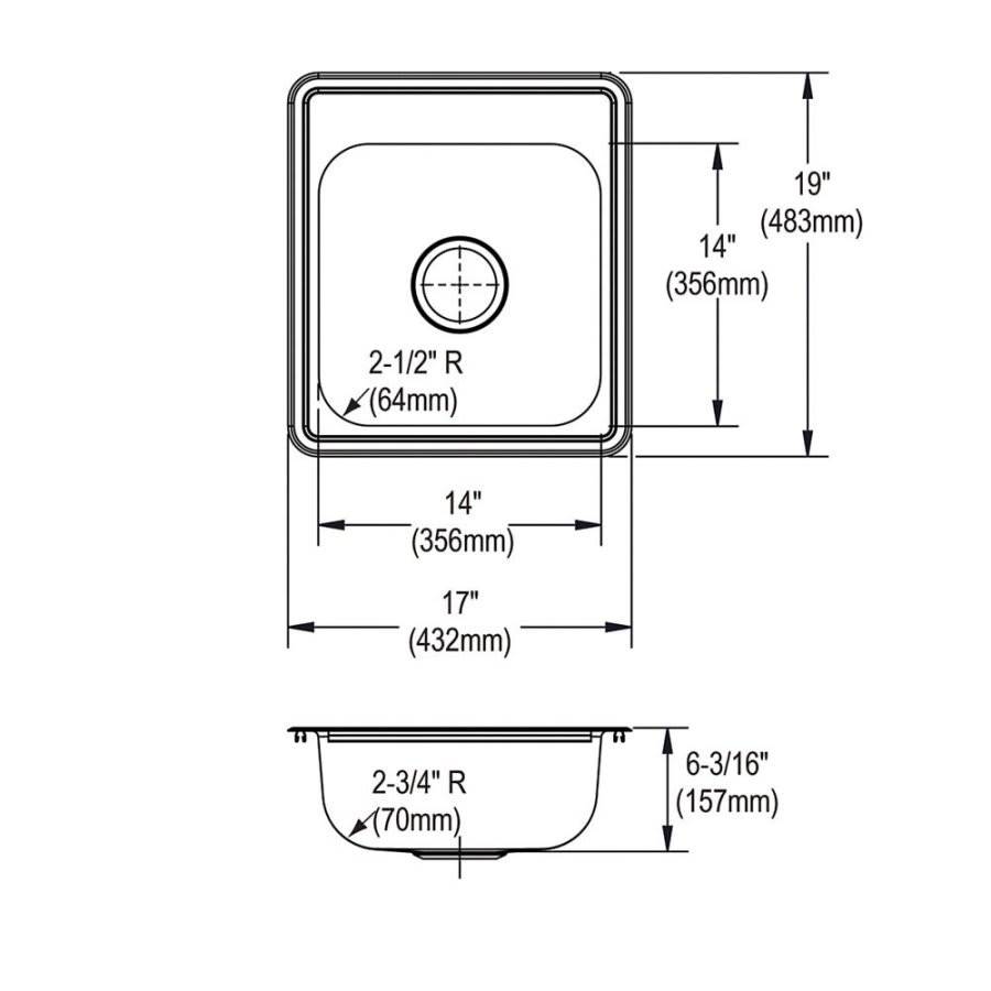 Dayton® Single Bowl Bar Sink, Top Mount, ADA, 19 17 x 19 in, 6 in Bowl Depth, 2-Hole, 22 ga Satin Steel, Stainless