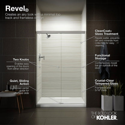 Revel 76â High x 59-5/8" Wide Sliding Shower Door with Crystal Clear Glass, Towel Bar and CleanCoat Technology