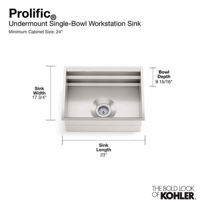 Prolific 23" Undermount Single Basin Stainless Steel Kitchen Sink with Basin Rack, Colander, and Cutting Board