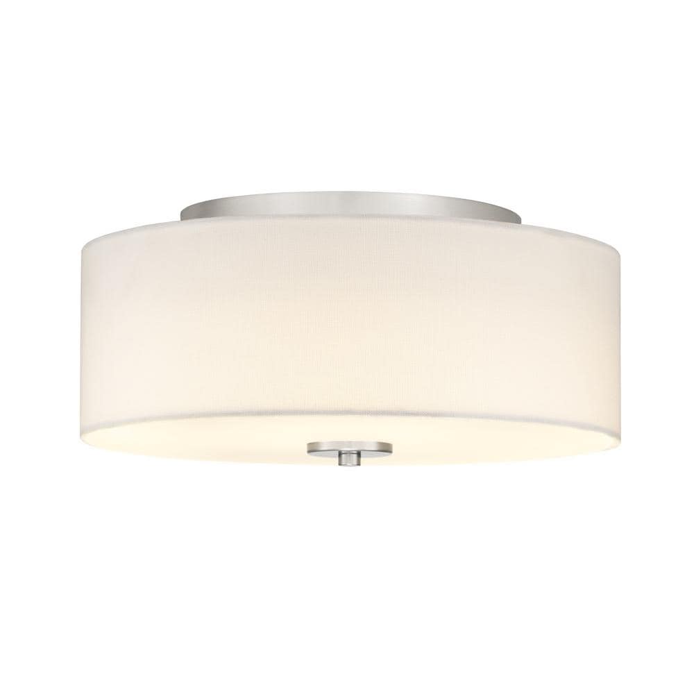 Inspire Collection 13 in. Transitional Brushed Nickel LED Bedroom Drum Shade Ceiling Light with White Linen Shade