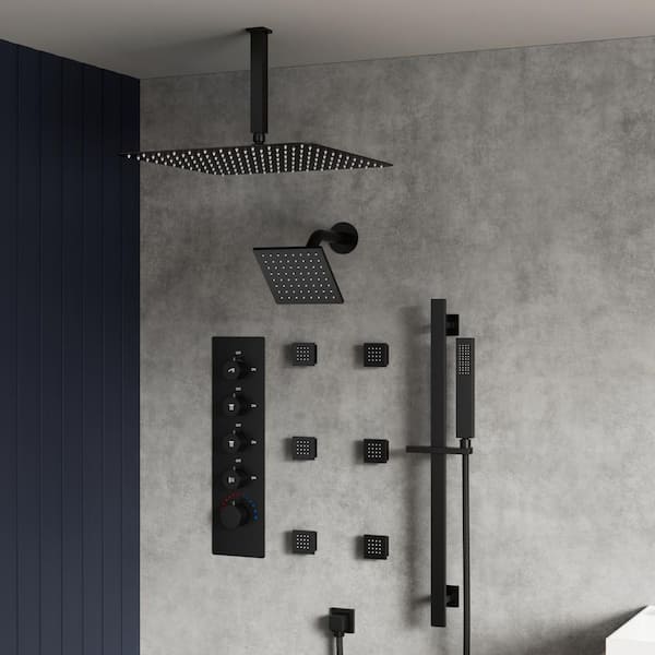 YAWWALK Thermostatic Valve 15-Spray 16 and 6 in. Ceiling Mount Dual Shower Head and Handheld Shower in Matte Black SRSFS-1031-BK16