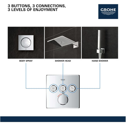 Grohtherm Three Function Thermostatic Valve Trim Only with Four Knob / Push Button Handles, Integrated Diverter, and Volume Control - Less Rough In