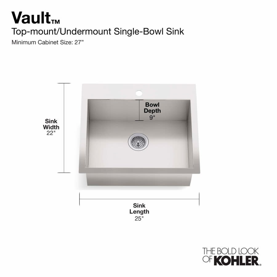 Vault 25" Single Basin Top-Mount/Under-Mount 18-Gauge Stainless Steel Kitchen Sink with SilentShield