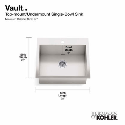 Vault 25" Single Basin Top-Mount/Under-Mount 18-Gauge Stainless Steel Kitchen Sink with SilentShield