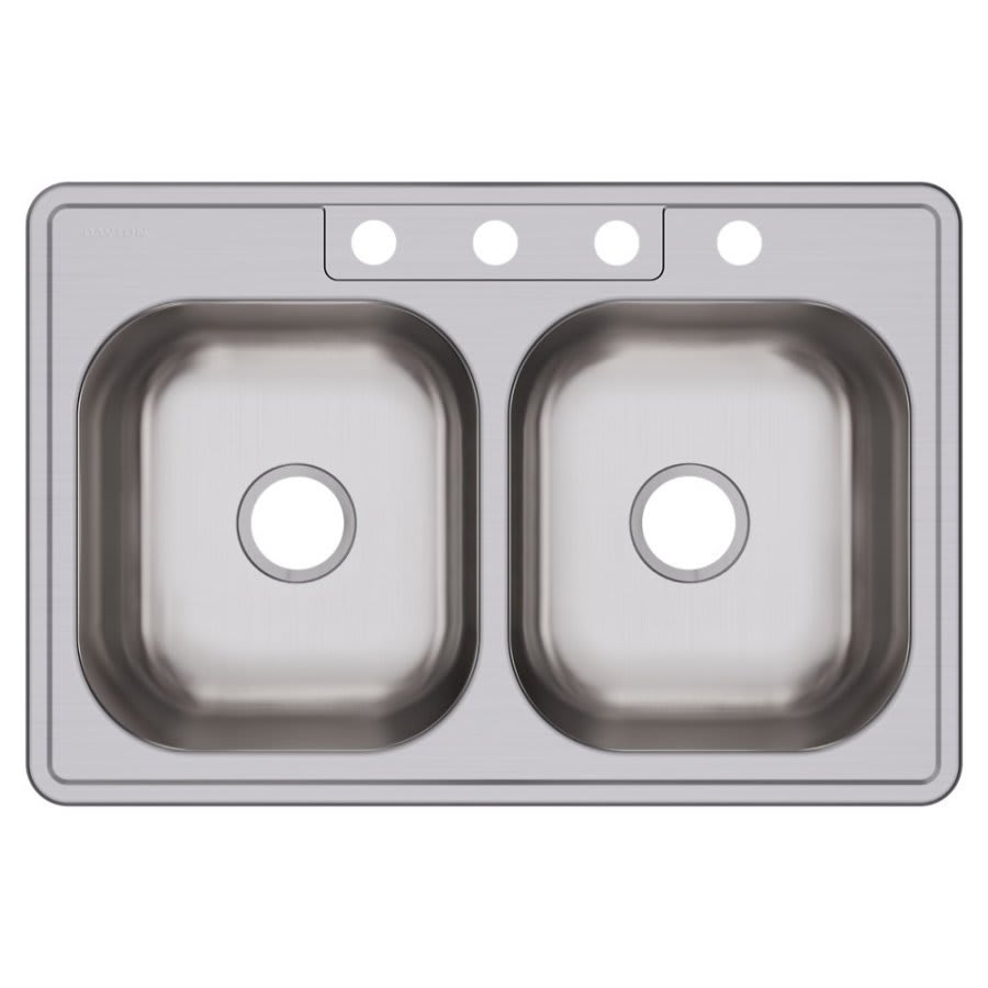 Dayton® Double Bowl Kitchen Sink, Top Mount, 33 x 22 in, 7-7/8 in Bowl Depth, 4-Hole, 20 ga Elite Satin Steel, Stainless