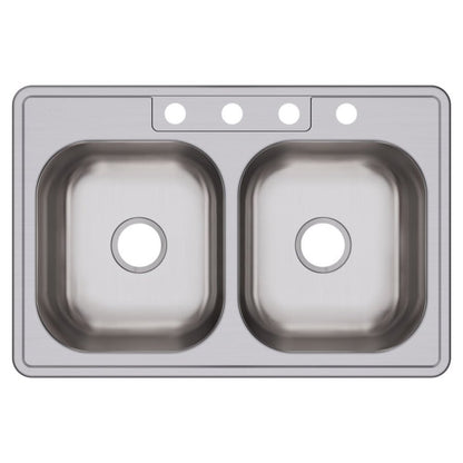 Dayton® Double Bowl Kitchen Sink, Top Mount, 33 x 22 in, 7-7/8 in Bowl Depth, 4-Hole, 20 ga Elite Satin Steel, Stainless