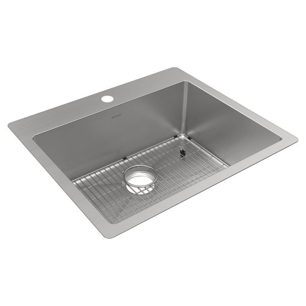 Crosstown® Single Bowl Kitchen Sink, Top/Under Mount, 25 x 22 in, 9 in Bowl Depth, 1-Hole, 18 ga Polished Satin Steel, Stainless