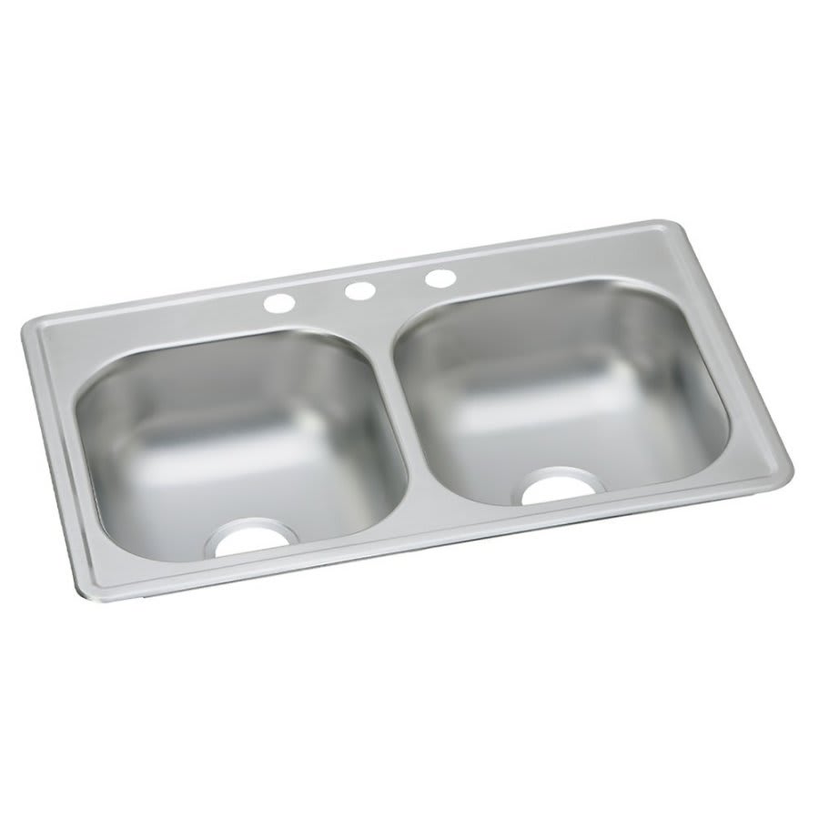 Dayton® Double Bowl Kitchen Sink, Top Mount, ADA, 33 x 19 in, 6-5/16 in Bowl Depth, 3-Hole, 22 ga Satin Steel, Stainless
