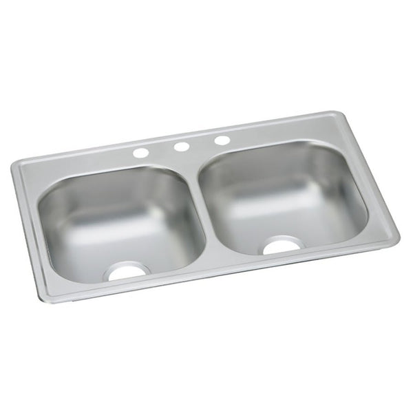 Dayton® Double Bowl Kitchen Sink, Top Mount, ADA, 33 x 19 in, 6-5/16 in Bowl Depth, 3-Hole, 22 ga Satin Steel, Stainless