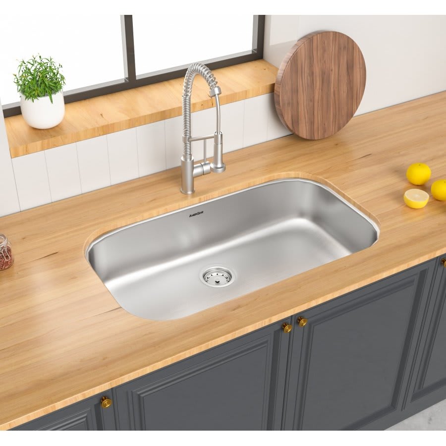 Single Bowl Kitchen Sink, Under Mount, 32 x 18-1/2 in, 8 in Bowl Depth, 18 ga Satin Steel, Stainless