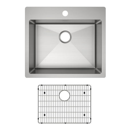 Crosstown® Single Bowl Kitchen Sink, Top/Under Mount, 25 x 22 in, 9 in Bowl Depth, 1-Hole, 18 ga Polished Satin Steel, Stainless