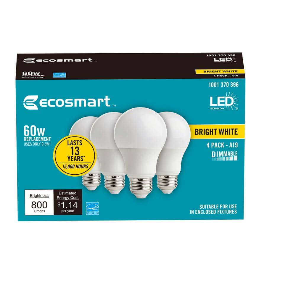 EcoSmart 60-Watt Equivalent A19 Dimmable Energy Star LED Light Bulb in Bright White (8-Pack)