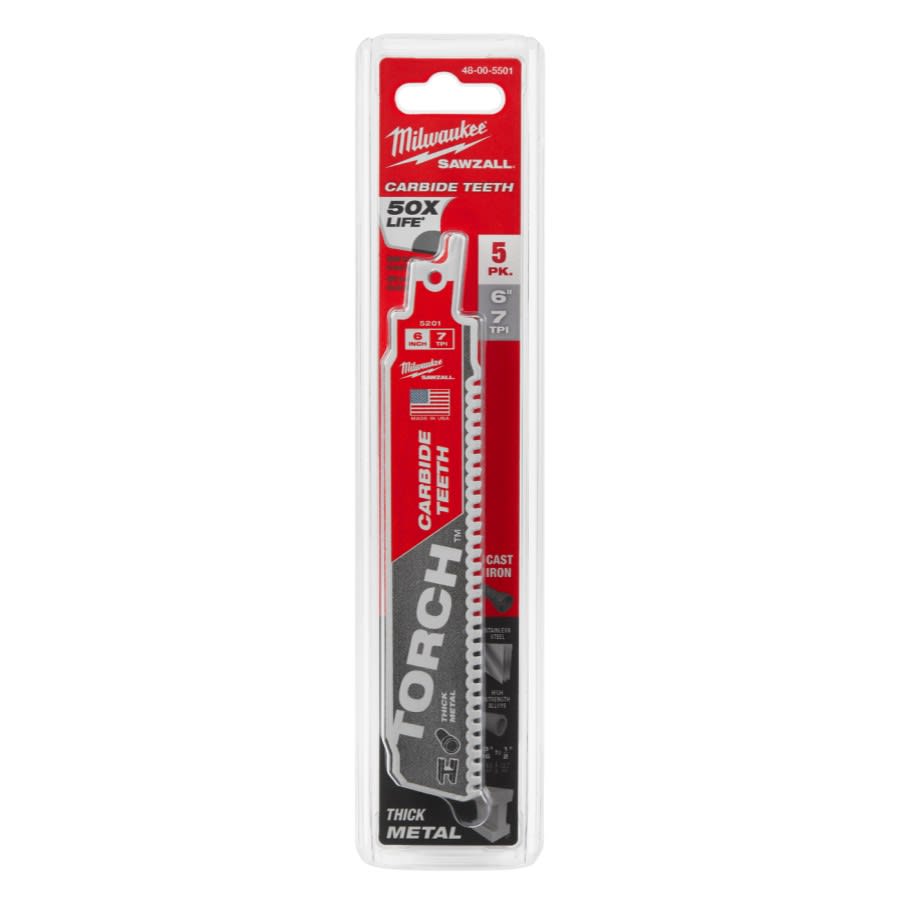 SAWZALL® The Torch™ Carbide Tip Reciprocating Saw Blade, 6 in L, 7 tpi, 0.05 in THK, 5-Pack