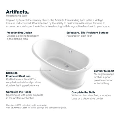 Artifacts 67" Free Standing Cast Iron Soaking Tub with Center Drain and Overflow - Claw Feet Sold Separately