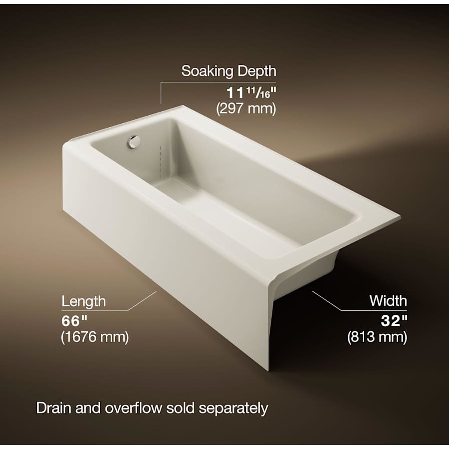 Bellwether Bath Tub 66" L x 32" W Cast Iron Soaking for Three Wall Alcove Installations with Integral Apron and Left Drain