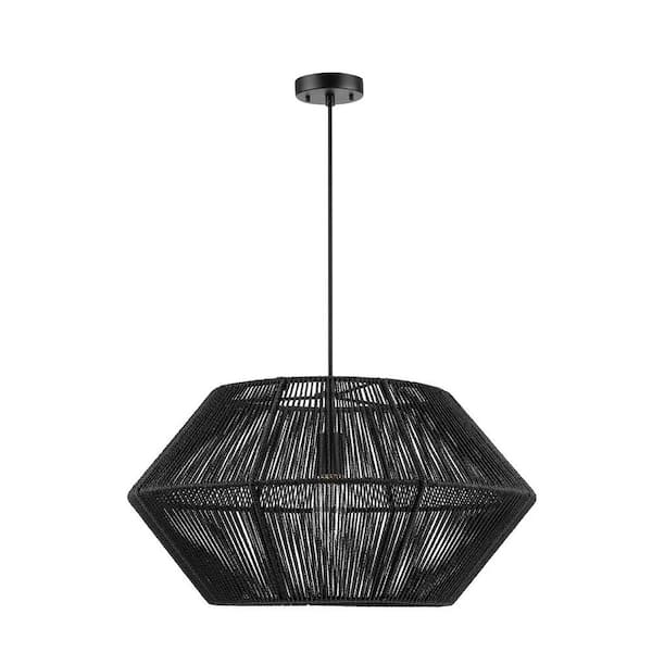 Terra 1-Light Matte Black Chandelier with Natural Twine Shade and Designer Black Cloth Hanging Cord