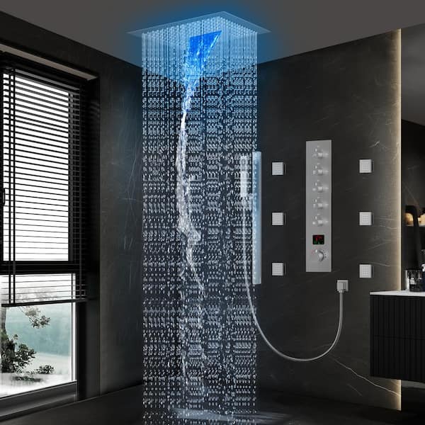 YAWWALK Thermostatic 15-Spray 16 in. Ceiling Mount Square LED Mood Lighting Shower System with Valve in Brushed Nickel CR1-S027-16NI-1