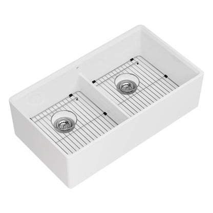 Etre 35-3/4" Farmhouse, Undermount Double Basin Fireclay Kitchen Sink with Basin Rack, and Basket Strainer