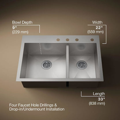 Vault 33" Double Basin Top-Mount/Under-Mount 18-Gauge Stainless Steel Kitchen Sink with SilentShield