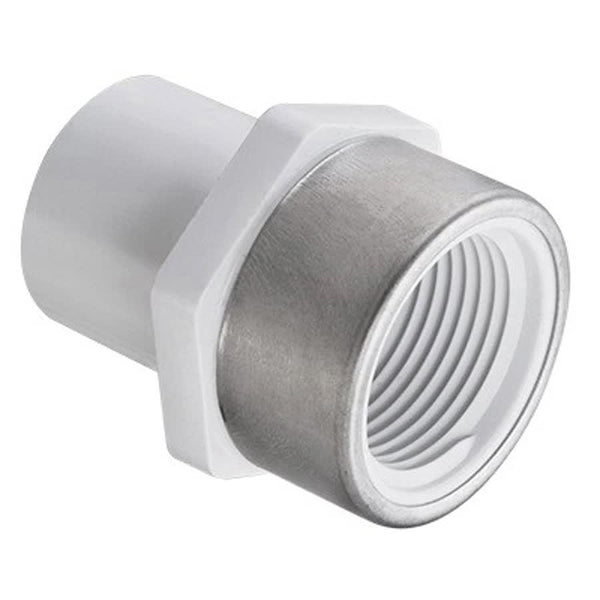 Female Adapter, 3/4 in, Spigot x Stainless Steel Reinforced FNPT, SCH 40/STD, PVC