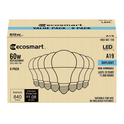 60-Watt Equivalent A19 Non-Dimmable LED Light Bulb Daylight 5000 (8-Pack)