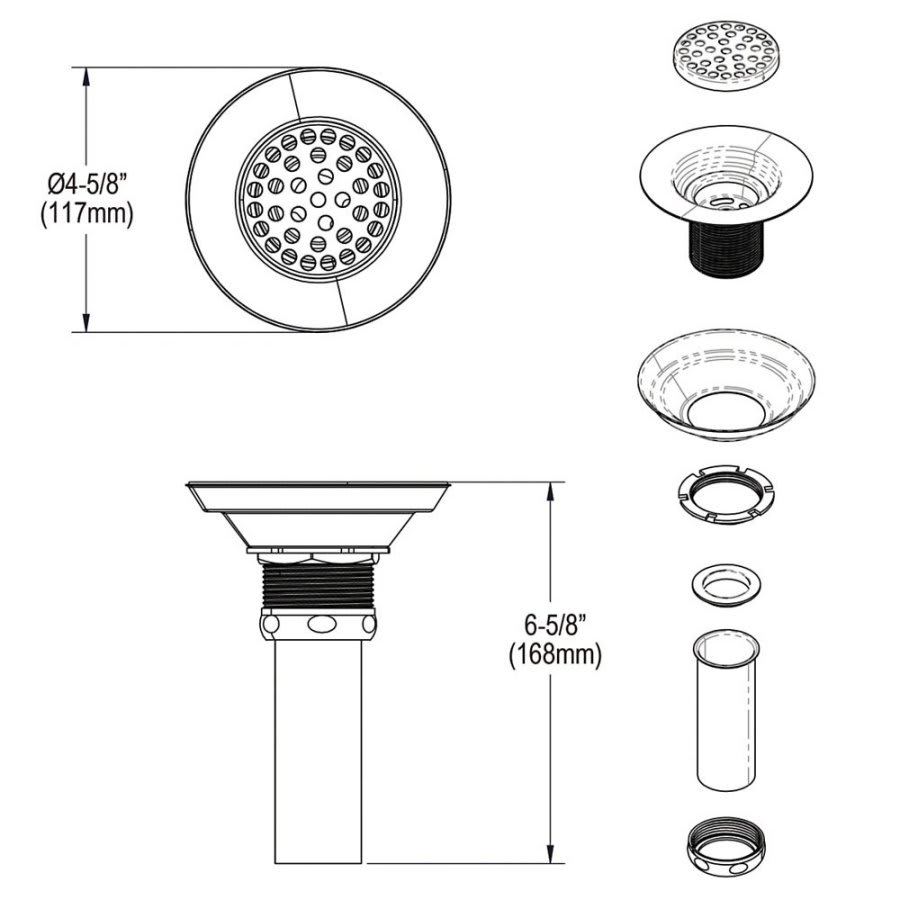 3-1/2 in, Drain Nickel Plated Brass Body Strainer and Tailpiece