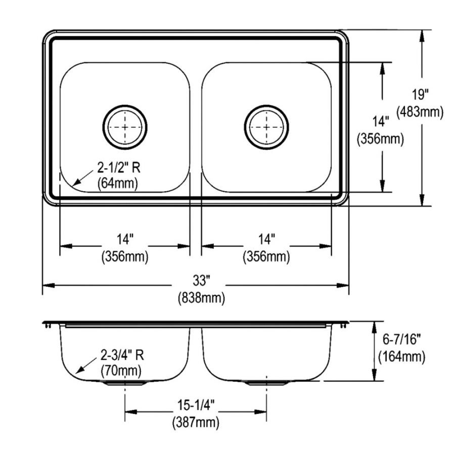 Dayton® Double Bowl Kitchen Sink, Top Mount, ADA, 33 x 19 in, 6-5/16 in Bowl Depth, 3-Hole, 22 ga Satin Steel, Stainless