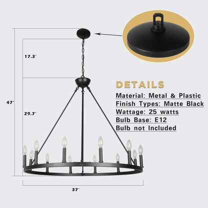 12-Light Matte Black Chandelier Wagon Wheel Steel Frame