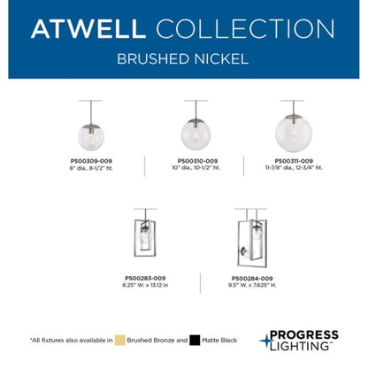 Atwell 1-Light Brushed Nickel Clear Glass Globe Modern Medium Pendant Hanging Light