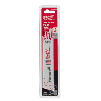 SAWZALL® The Torch™ Double Duty Reciprocating Saw Blade, 6 in L, 24 tpi, 0.042 in THK, 5-Pack