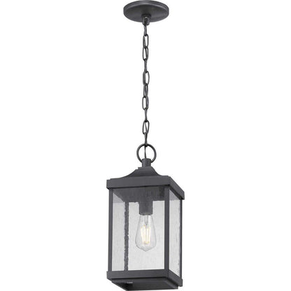 Park Court 1-Light Textured Black Traditional Outdoor Pendant Light with Clear Seeded Glass