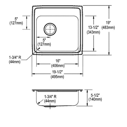 Celebrity Single Bowl Classroom Sink, Top Mount, ADA, 20 x 19-1/2 in, 5-1/2 in Bowl Depth, 3-Hole, 20 ga Brushed Satin Steel, Stainless