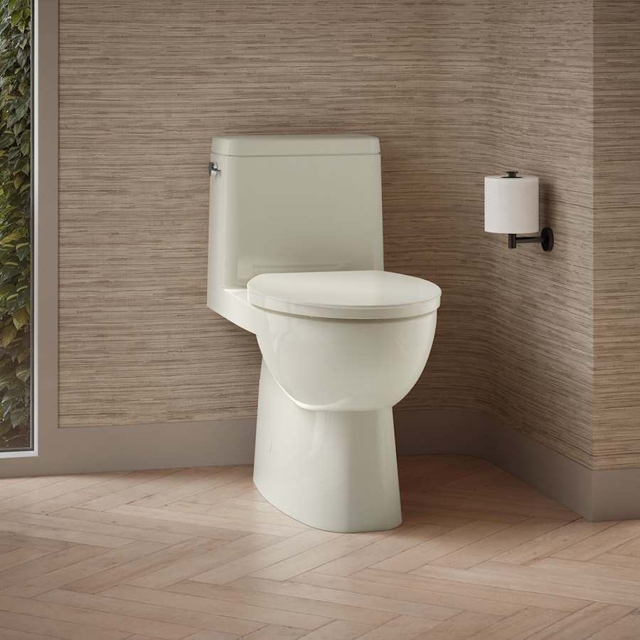 Reach 1.28 GPF One-Piece Compact Elongated Chair Height Toilet with Skirted Trapway and Left Hand Trip Lever - Seat Included