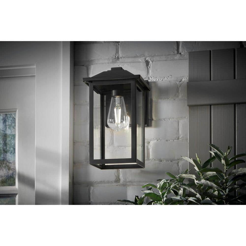 1-Light 12 in. Black Hardwired Transitional Outdoor Wall Light Lantern Sconce with Clear Glass