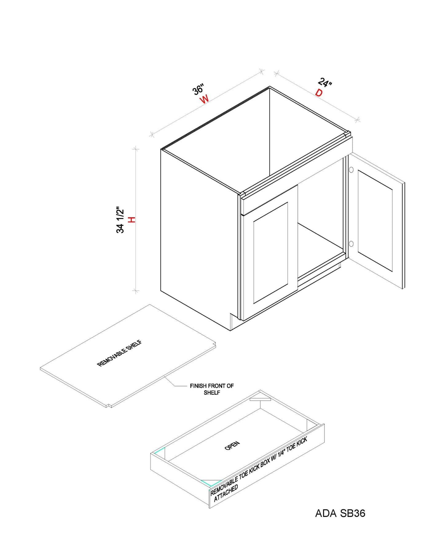 ADA Sink Base - 36"W x 34- 1/2"H x 24"D