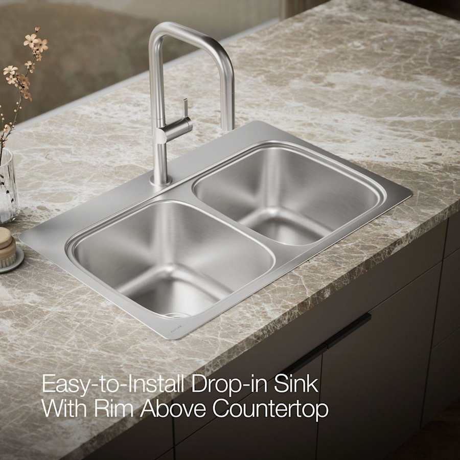 Verse 33" Double Basin Drop In Stainless Steel Kitchen Sink With Single Faucet Hole