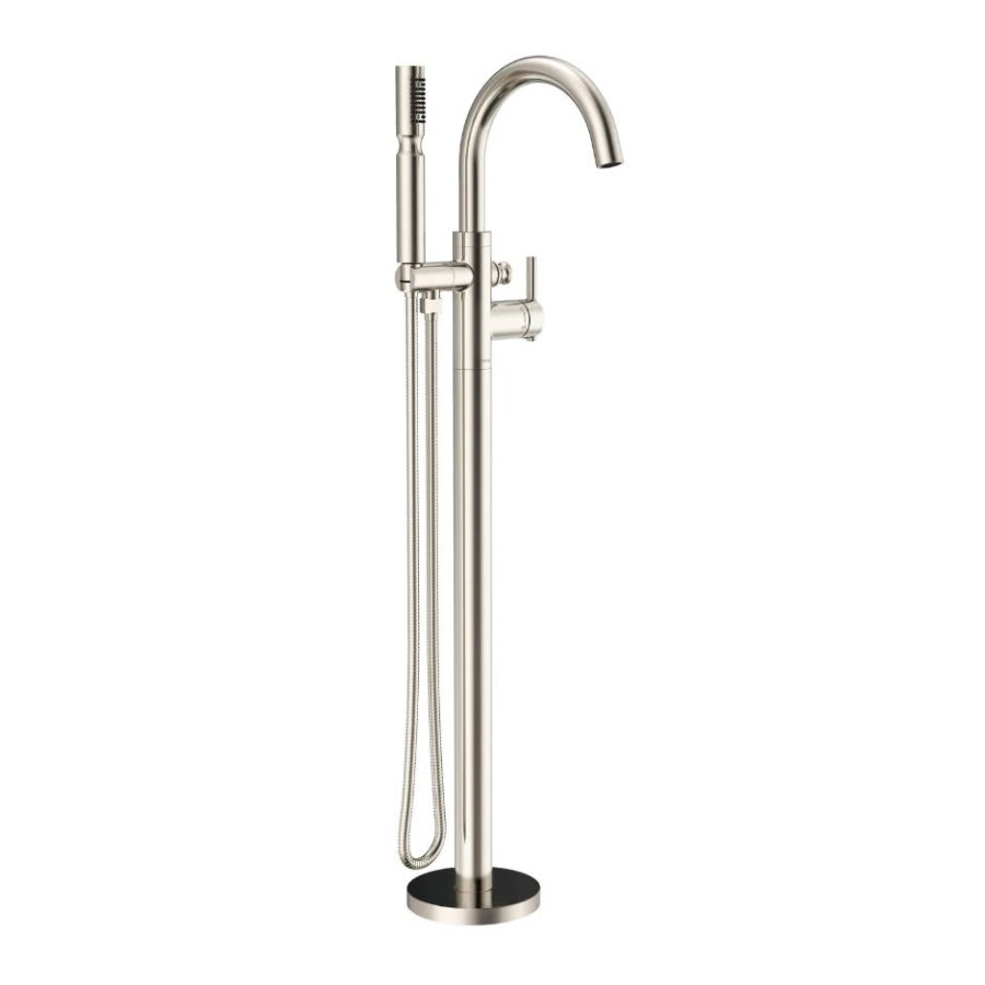 Contemporary Tub Faucet Trim With Handshower, ADA, Floor Mount, Brushed Nickel