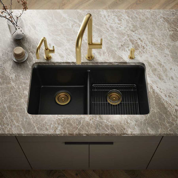Cairn 33-1/2" Undermount Double Equal Bowl Neoroc Granite Composite Kitchen Sink with Right Sink Rack Included