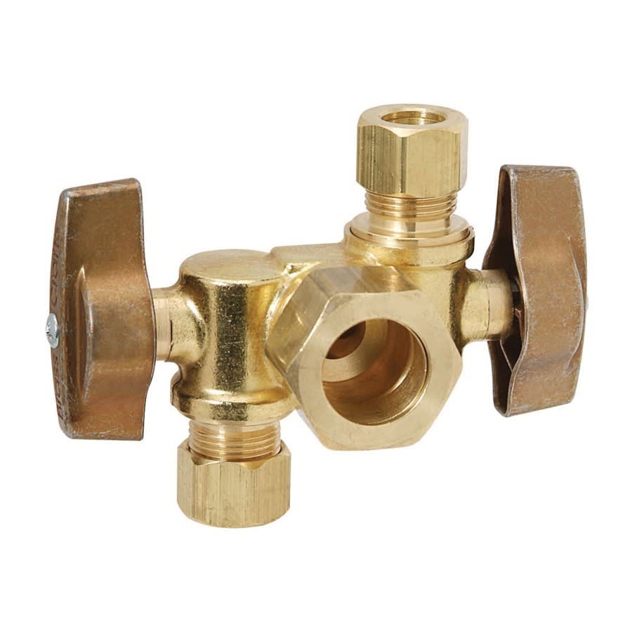 Quarter Turn Dual Stop, 5/8 x 3/8 x 3/8 in, Comp, Brass