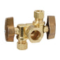 Quarter Turn Dual Stop, 5/8 x 3/8 x 3/8 in, Comp, Brass