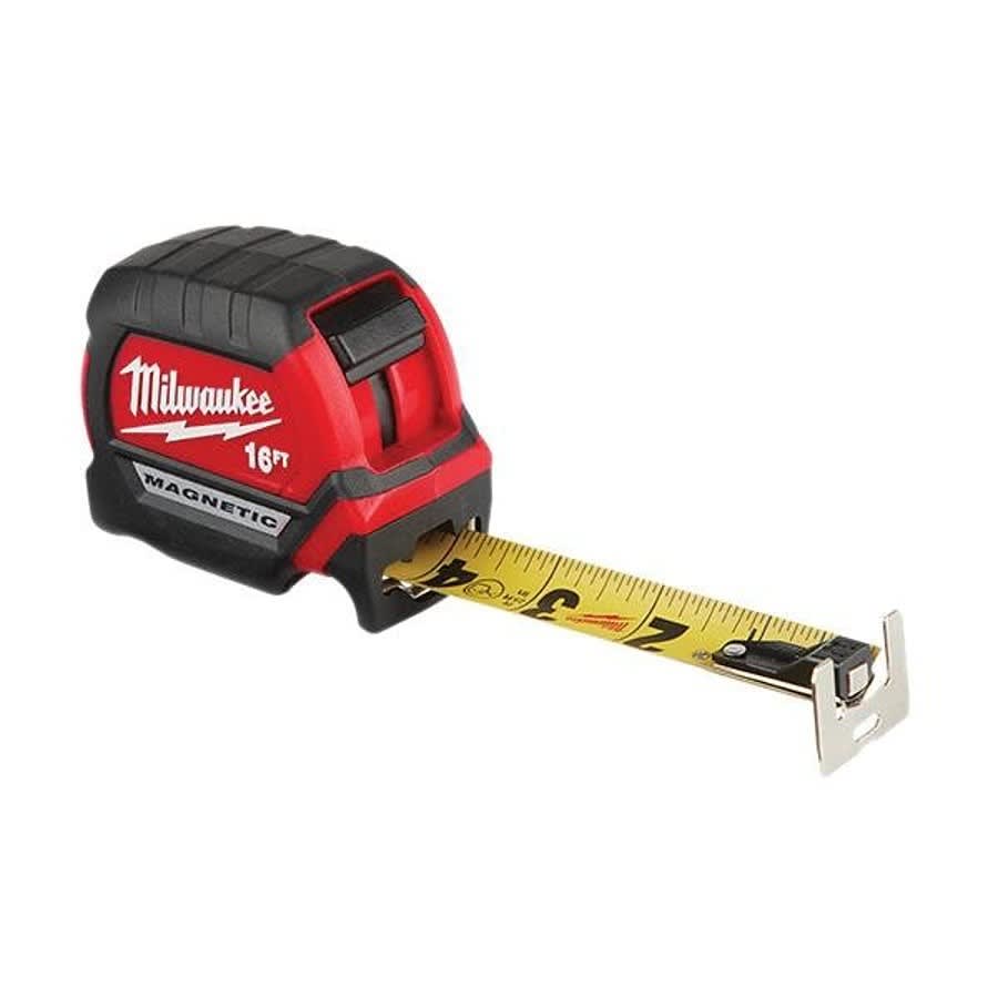 Compact Magnetic Wide Measuring Tape With Belt Clip, 16 ft L x 1 in W Blade, Steel Blade, 1/16 in, 1/8 in, 1/4 in, 1/2 in, 1 ft Graduation