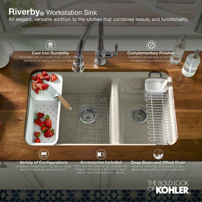 Riverby 33" Undermount Single Basin Enameled Cast Iron Workstation Kitchen Sink with Utility Rack, Sink Rack and Colander, and Intregral Cutting Board