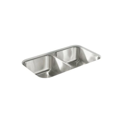 McAllister® Double Bowl Kitchen Sink, Under Mount, 32 x 18 in, 8-1/16 in Bowl Depth, 20 ga Luster Steel, Stainless
