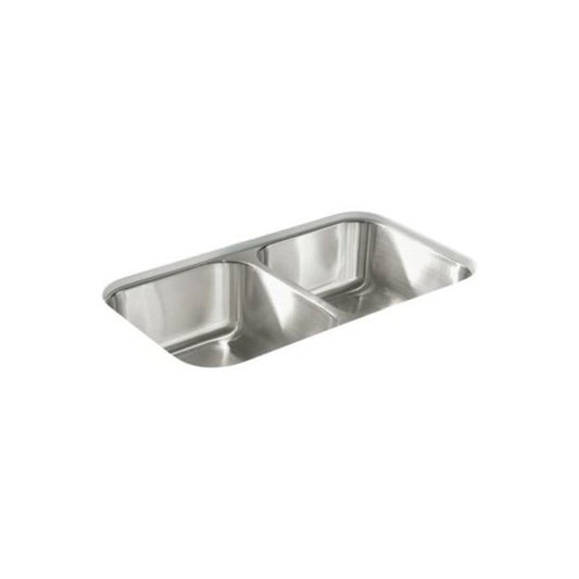 McAllister® Double Bowl Kitchen Sink, Under Mount, 32 x 18 in, 8-1/16 in Bowl Depth, 20 ga Luster Steel, Stainless