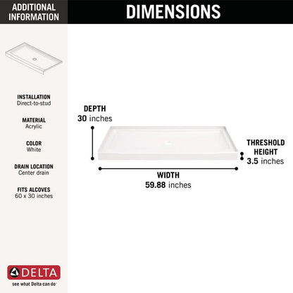 Classic 500 60 in. L x 30 in. W Alcove Shower Pan Base with Center Drain in High Gloss White
