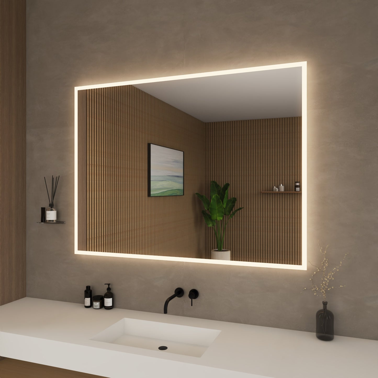Hilton Frameless LED Perimeter Lighted Bathroom Vanity Mirror with Dimmer and Defogger - 48W x 36H x 1.38D