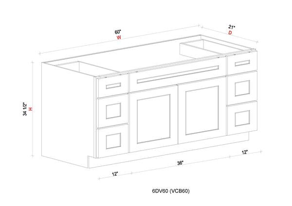 Vanity Single Sink Base Cabinet with Drawers - 60"W * 34- 1/2"H * 21"D - 6DRW