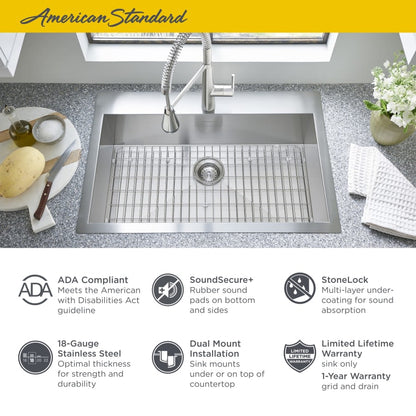 Edgewater 33" Drop In or Undermount Single Basin Stainless Steel Kitchen Sink with Basket Strainer, Basin Rack, and Sound Dampening Technology